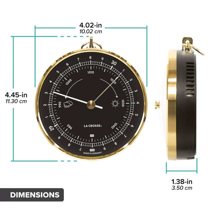 Front and side views of the 138-611B Analog Barometer with a black dial and brass case, showing labeled dimensions including diameter and depth measurements in inches and centimeters.