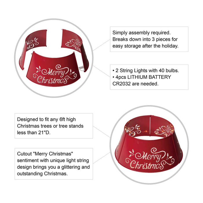 22"D Red "Merry Christmas" Cutout Metal Tree Collar with Light String