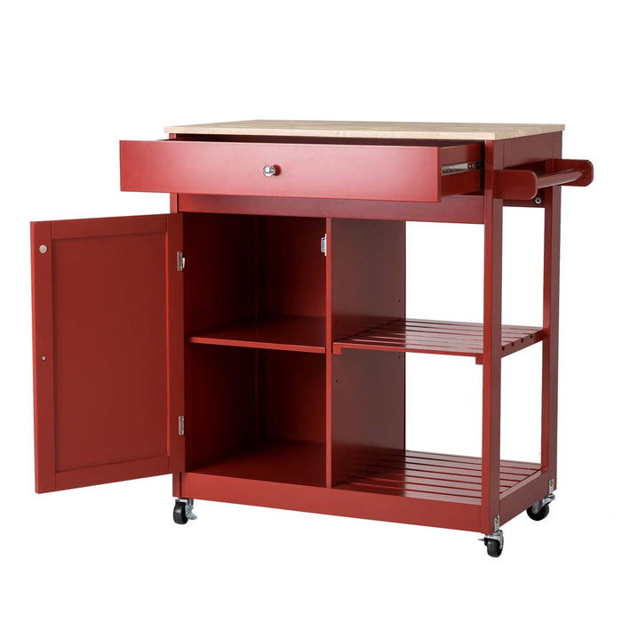 34.25"H Red Wooden Basic Kitchen Cart/Island with Solid Oak Top