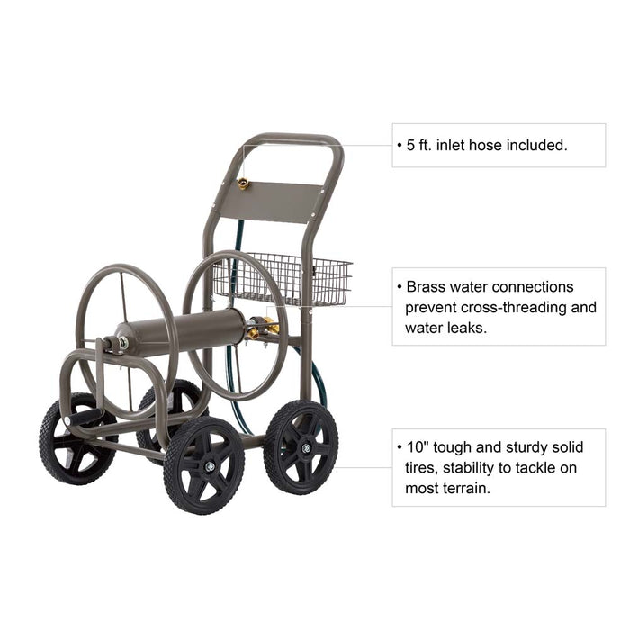 36"H Gray Steel Garden Hose Reel Cart with Wheels and Steel Basket