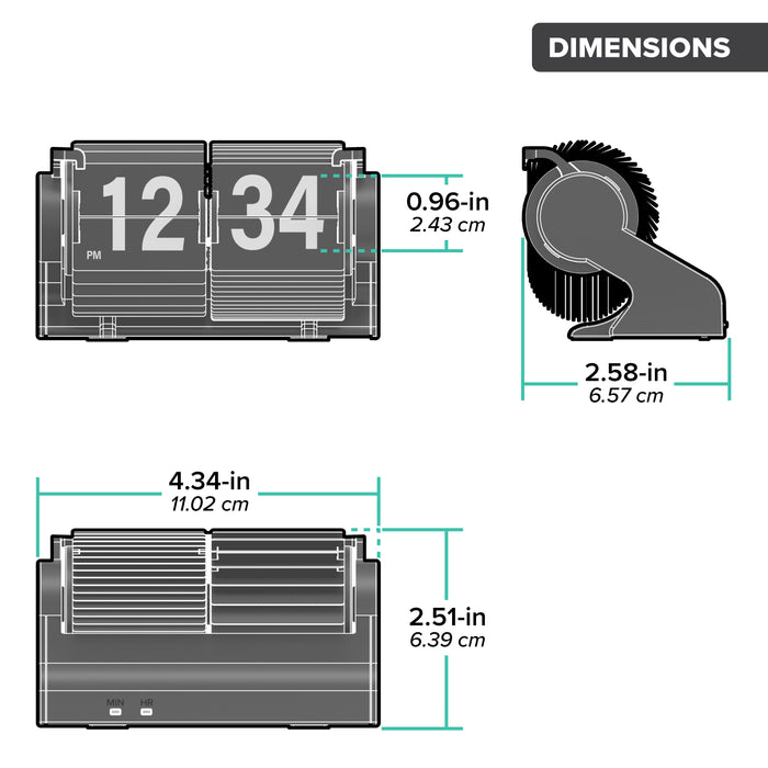 Orthographic dimension image of the 536-527B Rollins Mini Mechanical Flip Clock - Black measured in inches and centimeters. The clock measures 4.34 inches in length, 5.51 inches in height, and 2.58 inches deep.