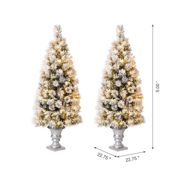 5ft Pre-Lit Snow Flocked Pine Artificial Christmas Porch Tree with 150 Warm White Lights, Set of 2