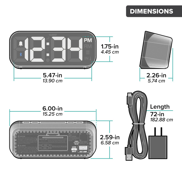 Orthographic image of the 617-714 Digital LED Alarm Clock with Bluetooth® Technology series. The image shows the alarm clock dimensions in inches and centimeters. The clock measures 6.00 inches in length, 2.59 inches in height, and the included power cord is 72 inches long.