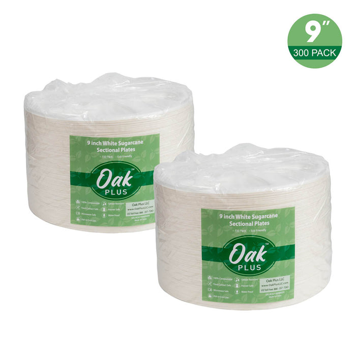 9 inch White Compostable & Disposable Sugarcane Sectional Plates, 300 Pack