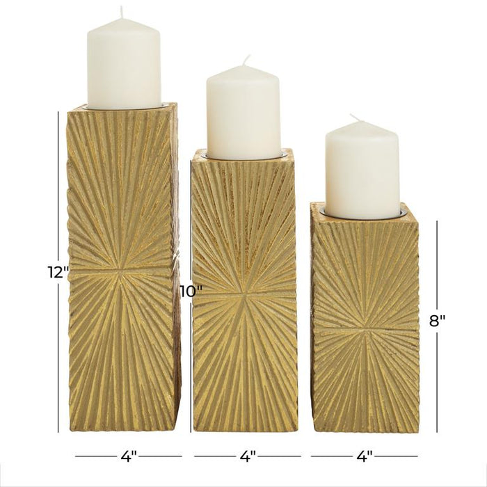 COSMOPOLITAN GOLD WOOD GEOMETRIC CARVED PILLAR CANDLE HOLDER, SET OF 3
