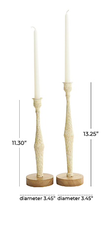 CREAM METAL TEXTURED TAPERED CANDLE HOLDER WITH BROWN WOOD BASES, SET OF 2 13", 11"H