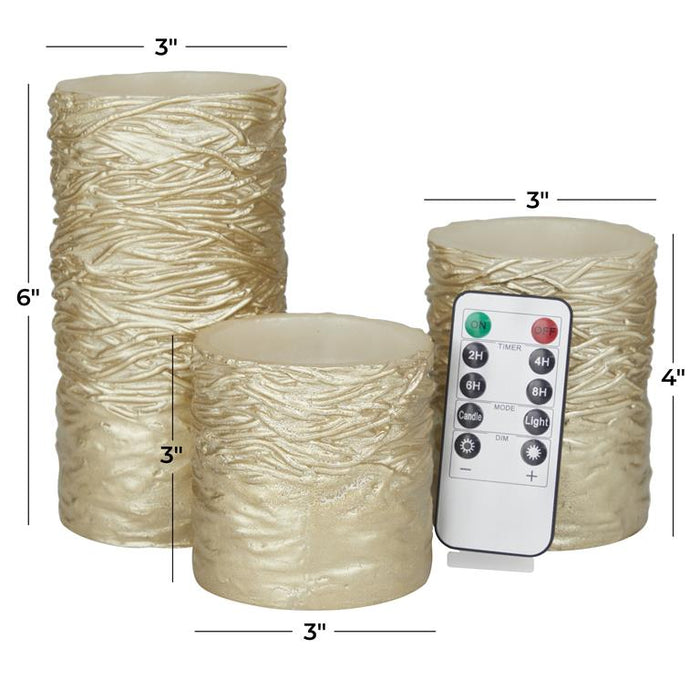 GOLD WAX TEXTURED FLAMELESS CANDLE WITH REMOTE CONTROL, SET OF 3