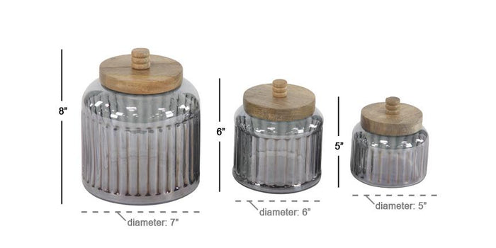 GRAY GLASS DECORATIVE JARS WITH WOOD LIDS