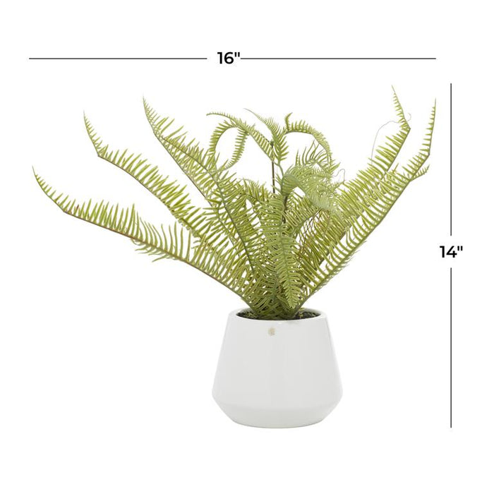 GREEN FAUX FOLIAGE FERN ARTIFICIAL PLANT WITH WHITE CERAMIC POT
