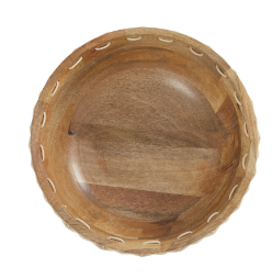 MANGO WOOD HANDMADE DECORATIVE BOWL WITH WOVEN ROPE ACCENTS, 12" X 12" X 5"