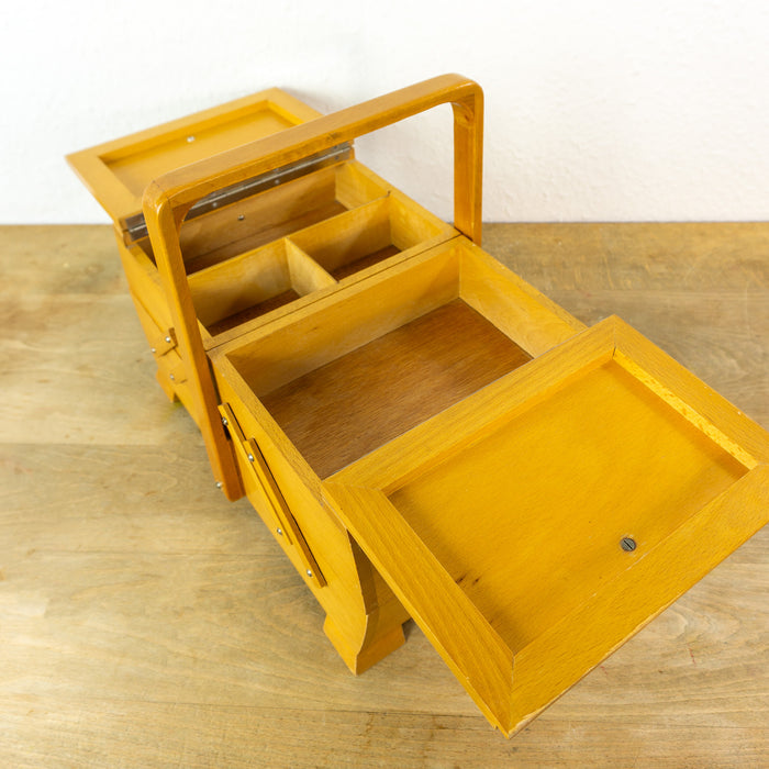 Vintage 1970s Sewing Box – Light Wood with Red Knobs and Handles