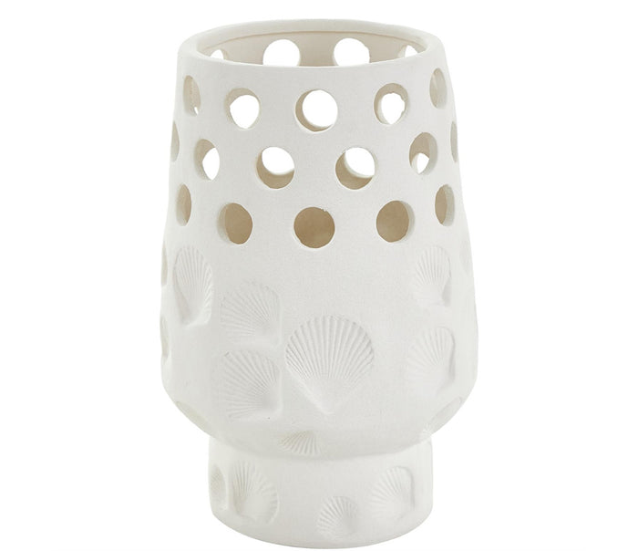 WHITE CERAMIC SHELL VASE WITH CIRCULAR CUTOUTS, 7" X 7" X 10
