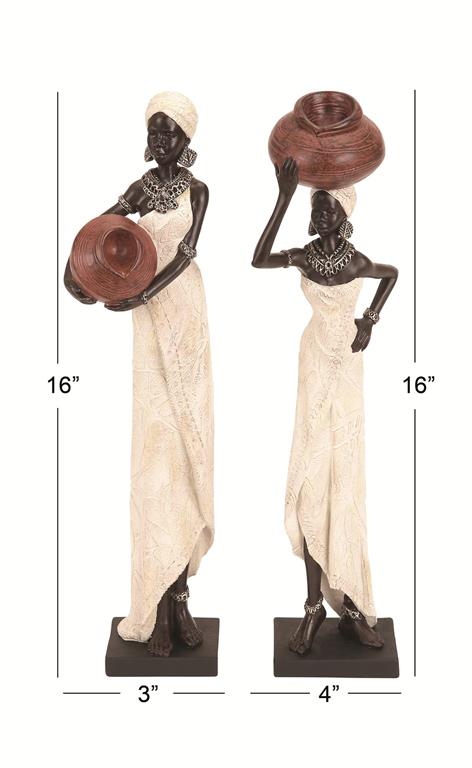 1 PIECE CREAM POLYSTONE WOMAN STANDING AFRICAN SCULPTURE WITH RED WATER POTS AND BLACK BASE,