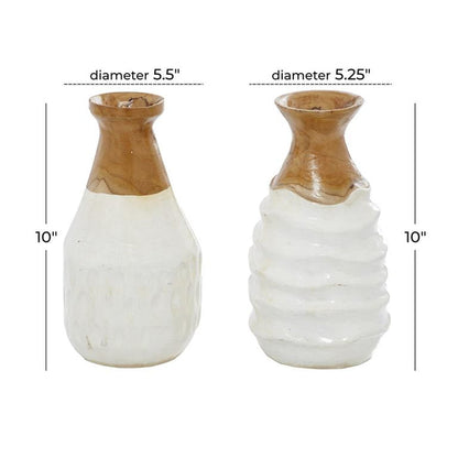 1 PIECE WHITE TEAK WOOD HANDMADE VASE WITH RIPPLE TEXTURE