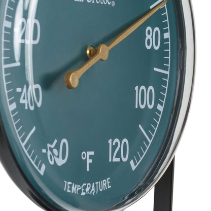 Close-up of the dial and lens of the 104-1512F 5-inch Dial Thermometer with Bracket features an emerald green dial with white temperature readings in a Fahrenheit scale from -60 to 120 degrees, with an antique gold pointer shown with the mounting bracket/stand positioned at the bottom