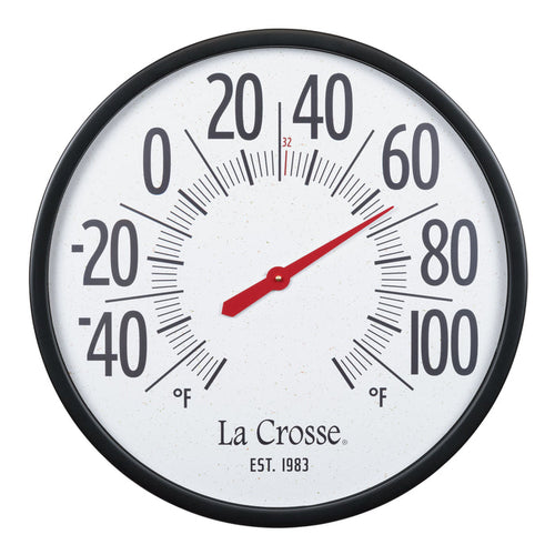 Extra-large oversized circular indoor/outdoor analog dial thermometer measuring 21.80 inches. Black plastic case surrounds a speckled terrazzo white dial and 2.90-inch-tall black numbers ranging from -60 to 120 degrees Fahrenheit. La Crosse logo and “1983” logo are located below the center of dial