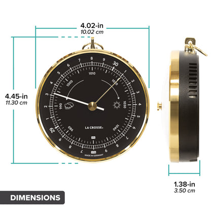 Front and side views of the 138-611B Analog Barometer with a black dial and brass case, showing labeled dimensions including diameter and depth measurements in inches and centimeters.