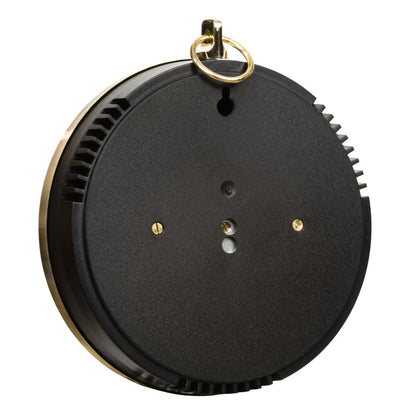 Rear angled view of the 138-611W Analog Barometer showing the black textured back, ventilation slots, calibration openings, and the hanging hole.