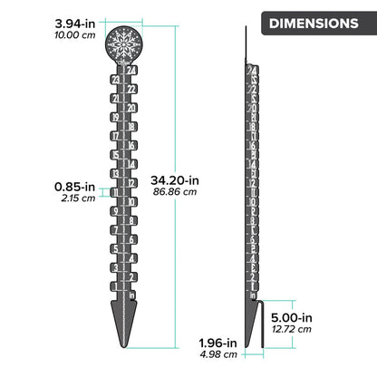 Ortho dimensions of the 139-4686 Metal Snow Gauge showing a head on view and a profile view of the twenty four inch measurement with the total dimensions of 3.94-inches length by 1.96-inches in depth by 34.2-inches in height