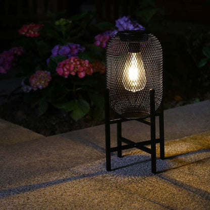 14.25"H Black Metal Mesh Solar Powered Outdoor Lantern with Stand