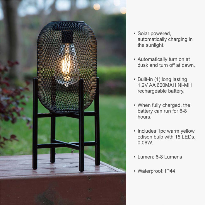 14.25"H Black Metal Mesh Solar Powered Outdoor Lantern with Stand