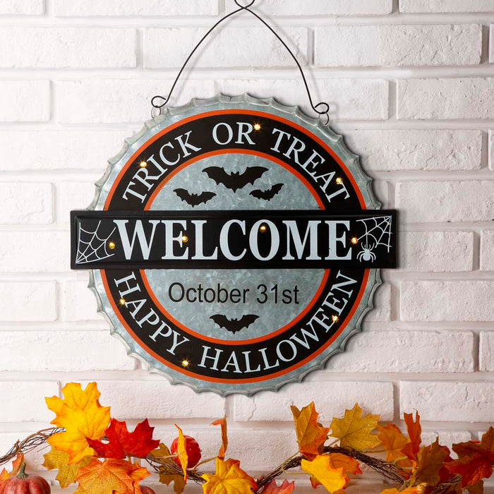 14"L Lighted Halloween WELCOME Metal Bottle Cap Wall Sign