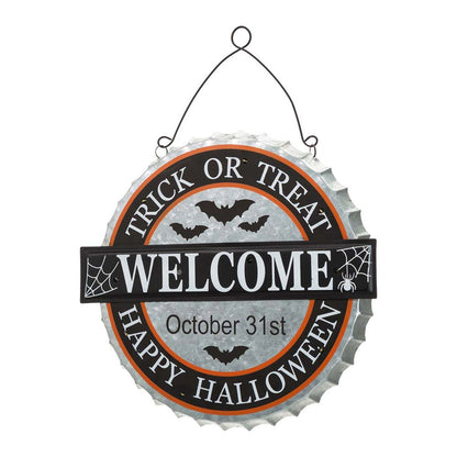 14"L Lighted Halloween WELCOME Metal Bottle Cap Wall Sign