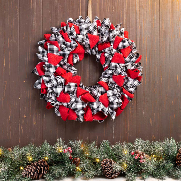 18.5"D Christmas Black and White Plaid Fabric Wreath