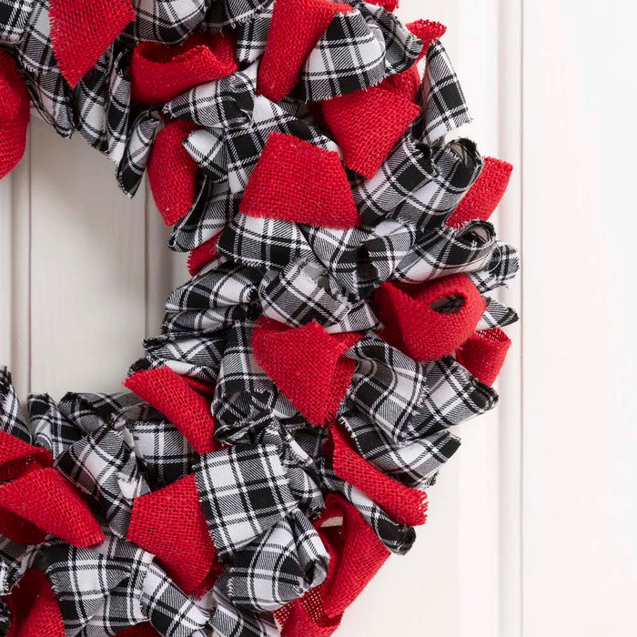 18.5"D Christmas Black and White Plaid Fabric Wreath