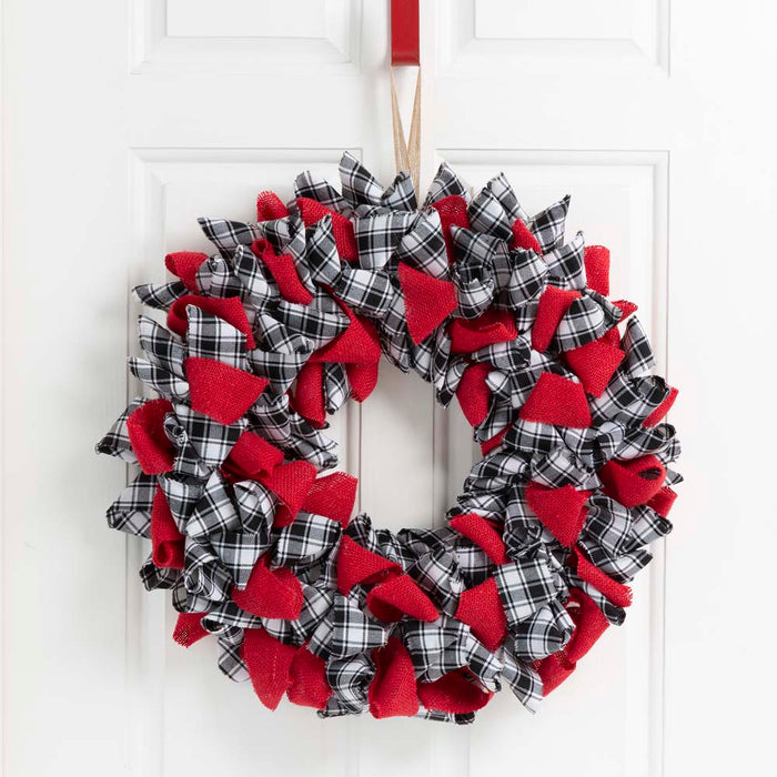 18.5"D Christmas Black and White Plaid Fabric Wreath