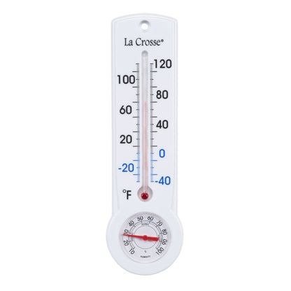 Head-on image of the 204-109 8.75-inch Thermometer with Hygrometer and Key Hider, constructed in a white case. The mercury-free capillary thermometer has a Fahrenheit temperature scale. Temperature markings below freezing appear in blue text, while those above freezing appear in black text. The Hygrometer dial reads 10-100 percent humidity, with a red pointer.
