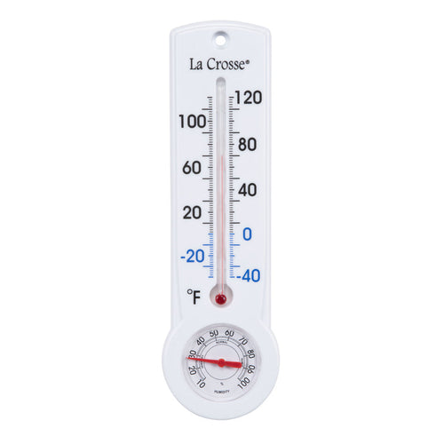 Head-on image of the 204-109 8.75-inch Thermometer with Hygrometer and Key Hider, constructed in a white case. The mercury-free capillary thermometer has a Fahrenheit temperature scale. Temperature markings below freezing appear in blue text, while those above freezing appear in black text. The Hygrometer dial reads 10-100 percent humidity, with a red pointer.