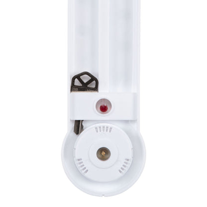 Close-up back image of the 204-109 8.75-inch Thermometer with Hygrometer constructed in a white case. The image features the key hider compartment showing a key in place.