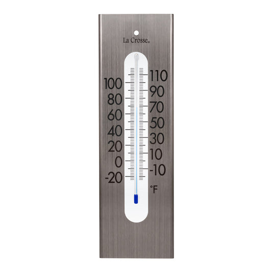 Head-on image of the 204-1523 9-inch Stainless Steel Capillary Thermometer featuring a brushed stainless steel finish, bold black numbers, blue capillary fill, and a La Crosse logo.