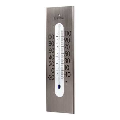 Left-facing image of the 204-1523 9-inch Stainless Steel Capillary Thermometer featuring a brushed stainless steel finish, bold black numbers, blue capillary fill, and a La Crosse logo.