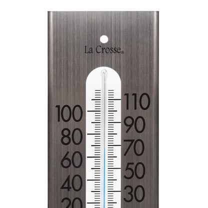 Close-up image of the 204-1523 9-inch Stainless Steel Capillary Thermometer showing the brushed stainless steel finish, the bold black numbers, and the blue capillary fill with the La Crosse logo.