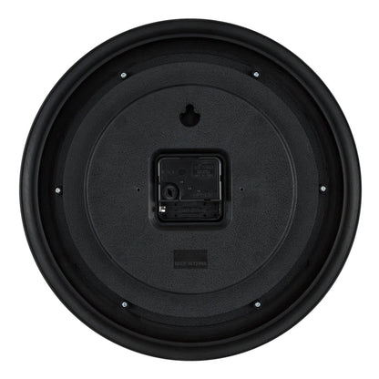 Back image of the 20898 Cora 12-inch Wall Clock showing the battery compartment, quartz movement, and hanging hole