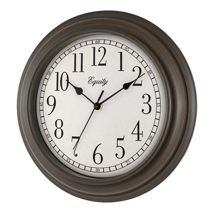 Left-facing image of the 20898 Cora 12-inch Wall Clock featuring a classic dial, black numbers, seconds indicator ring, and an oil-rubbed bronze frame