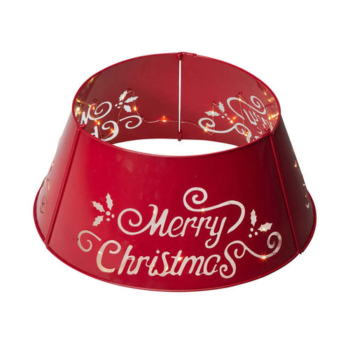 22"D Red "Merry Christmas" Cutout Metal Tree Collar with Light String