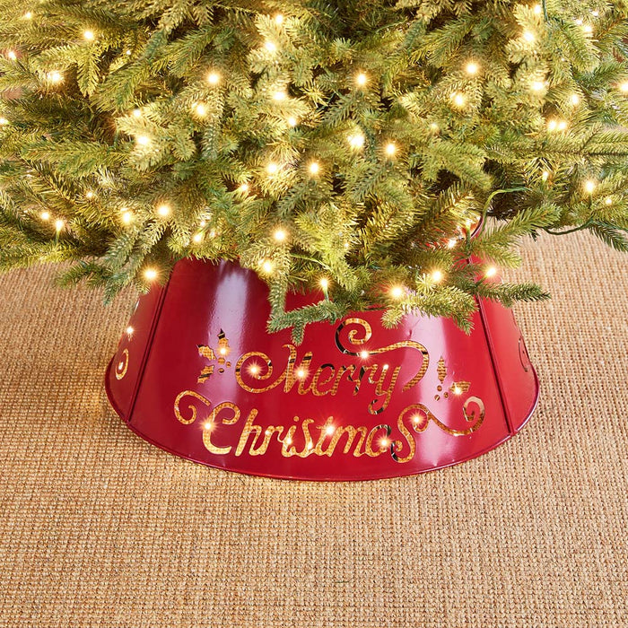 22"D Red "Merry Christmas" Cutout Metal Tree Collar with Light String