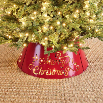 22"D Red "Merry Christmas" Cutout Metal Tree Collar with Light String