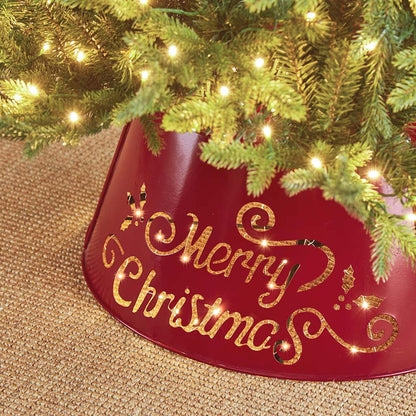 22"D Red "Merry Christmas" Cutout Metal Tree Collar with Light String