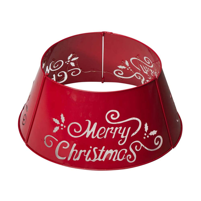 22"D Red "Merry Christmas" Cutout Metal Tree Collar with Light String