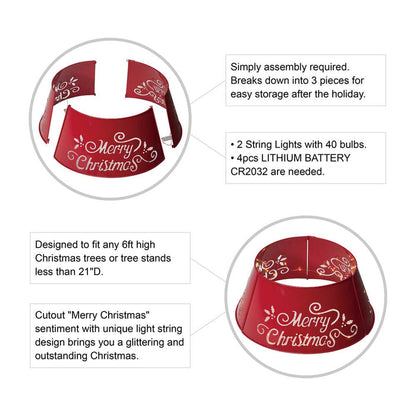 22"D Red "Merry Christmas" Cutout Metal Tree Collar with Light String