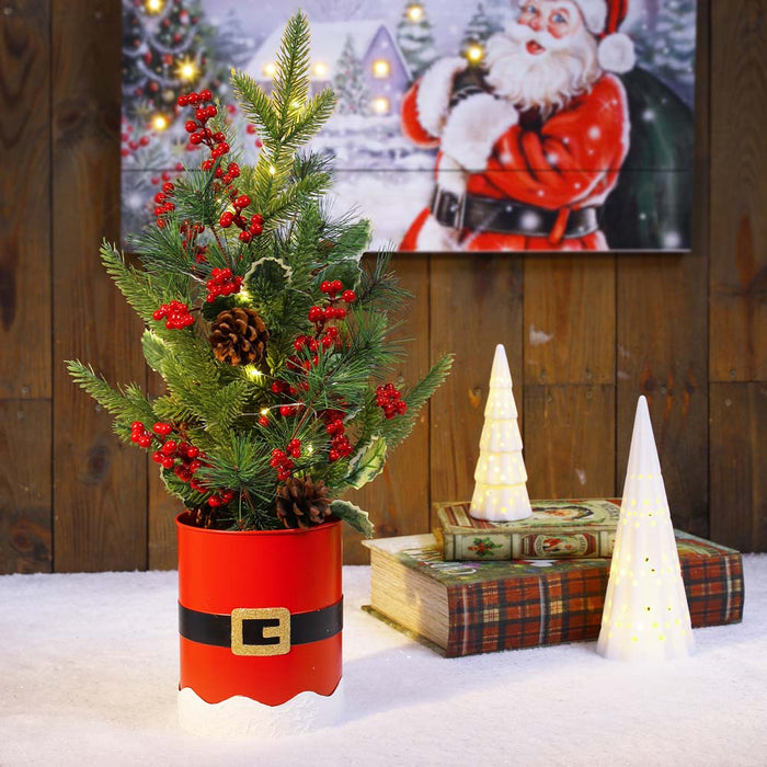 22"H Lighted Santa Belt Potted Artificial Table Tree