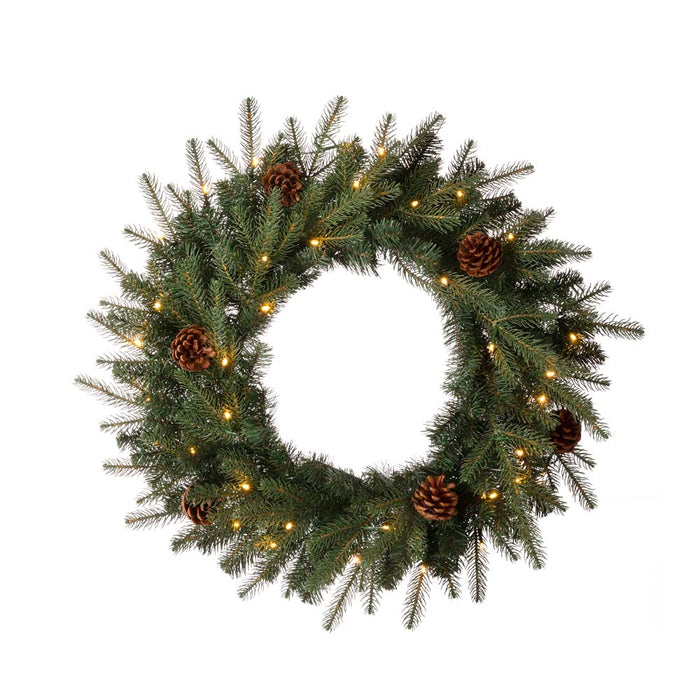 24"D Pre-Lit Greenery Pine Cone Christmas Wreath with Warm White LED Light