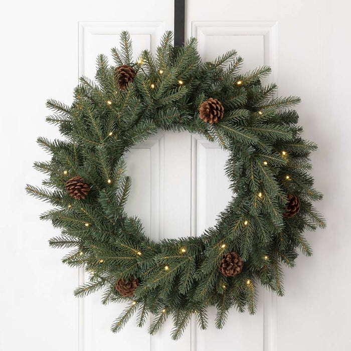 24"D Pre-Lit Greenery Pine Cone Christmas Wreath with Warm White LED Light