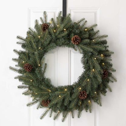 24"D Pre-Lit Greenery Pine Cone Christmas Wreath with Warm White LED Light