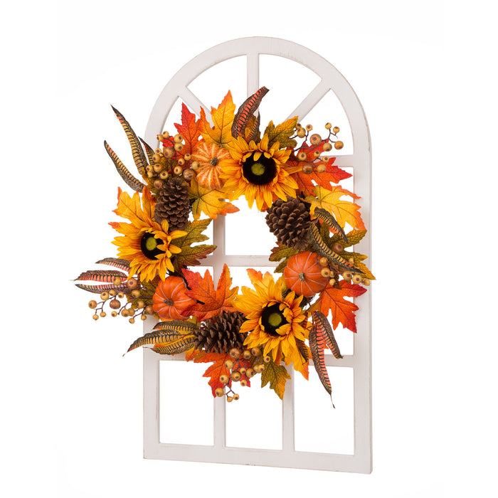 24"D Yellow/Orange Sunflower Wreath with 36"H Wooden Window Frame