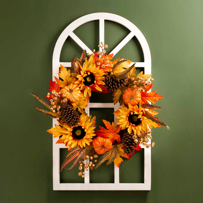 24"D Yellow/Orange Sunflower Wreath with 36"H Wooden Window Frame